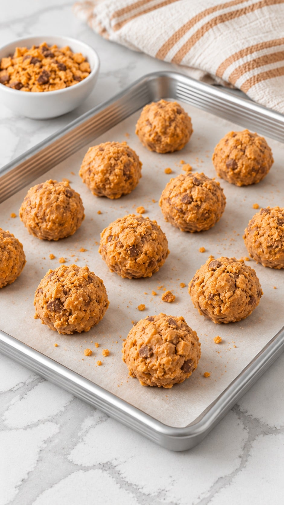 Uncoated tablespoon-size Butterfinger filling balls on a parchment-lined baking sheet before chilling.