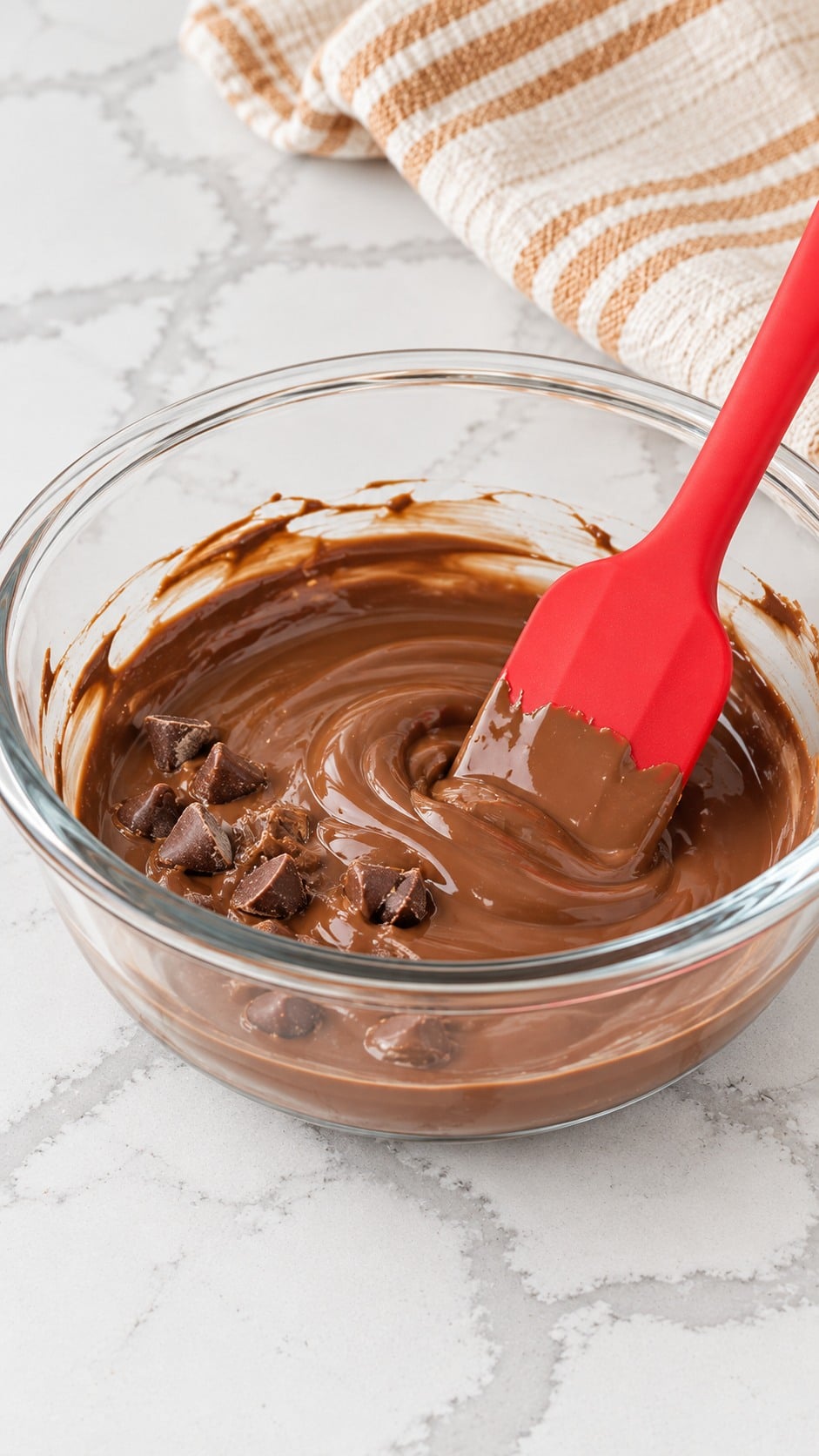 Milk chocolate and coconut oil nearly melted in a glass bowl with a few chip pieces remaining.