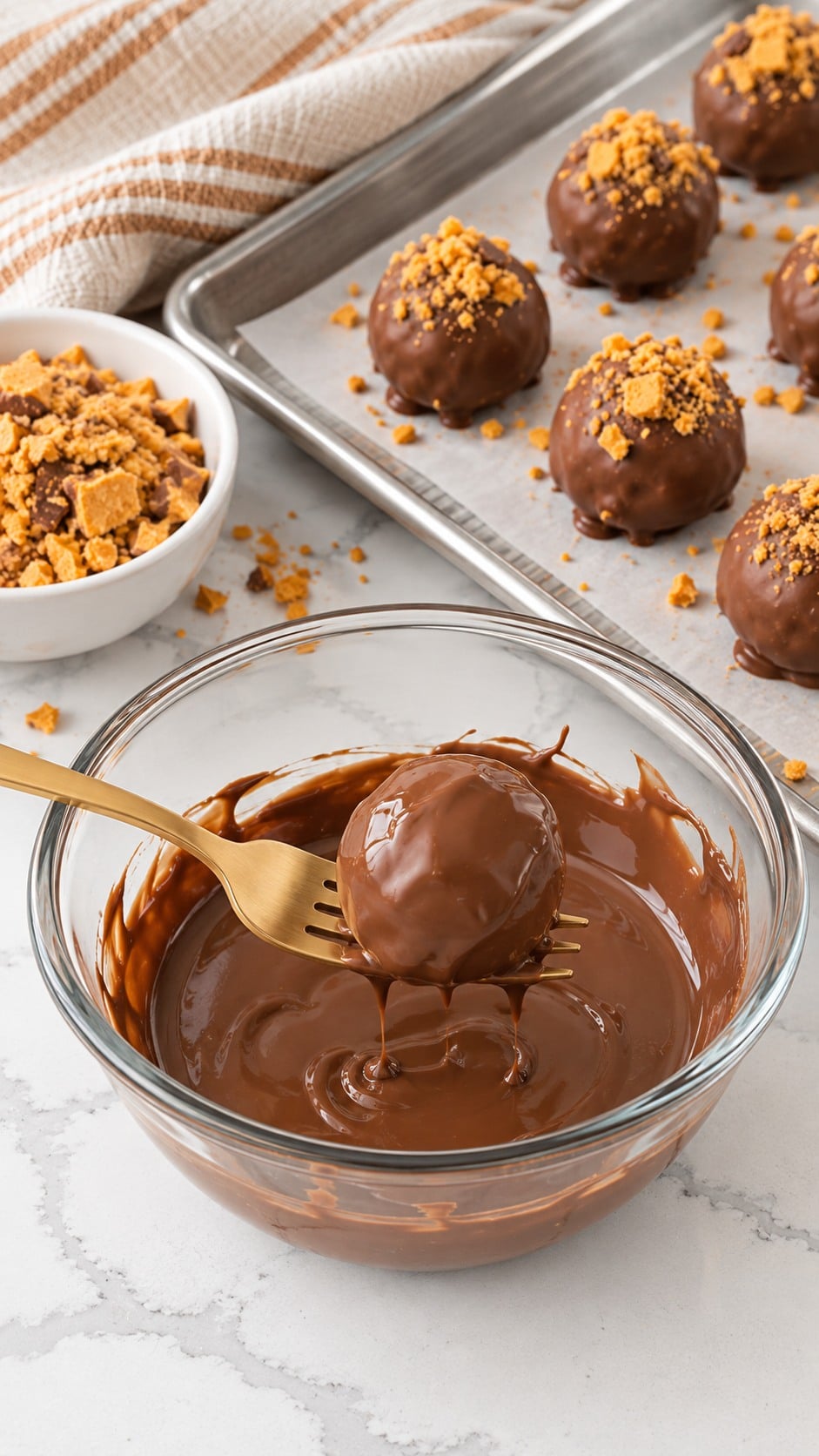 Chocolate-coated Butterfinger ball draining on a fork above a glass bowl beside a tray of topped candies.