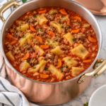 Cabbage roll soup with beef, pork, rice and freshly arranged cabbage in a Mauviel copper and brass soup pot.