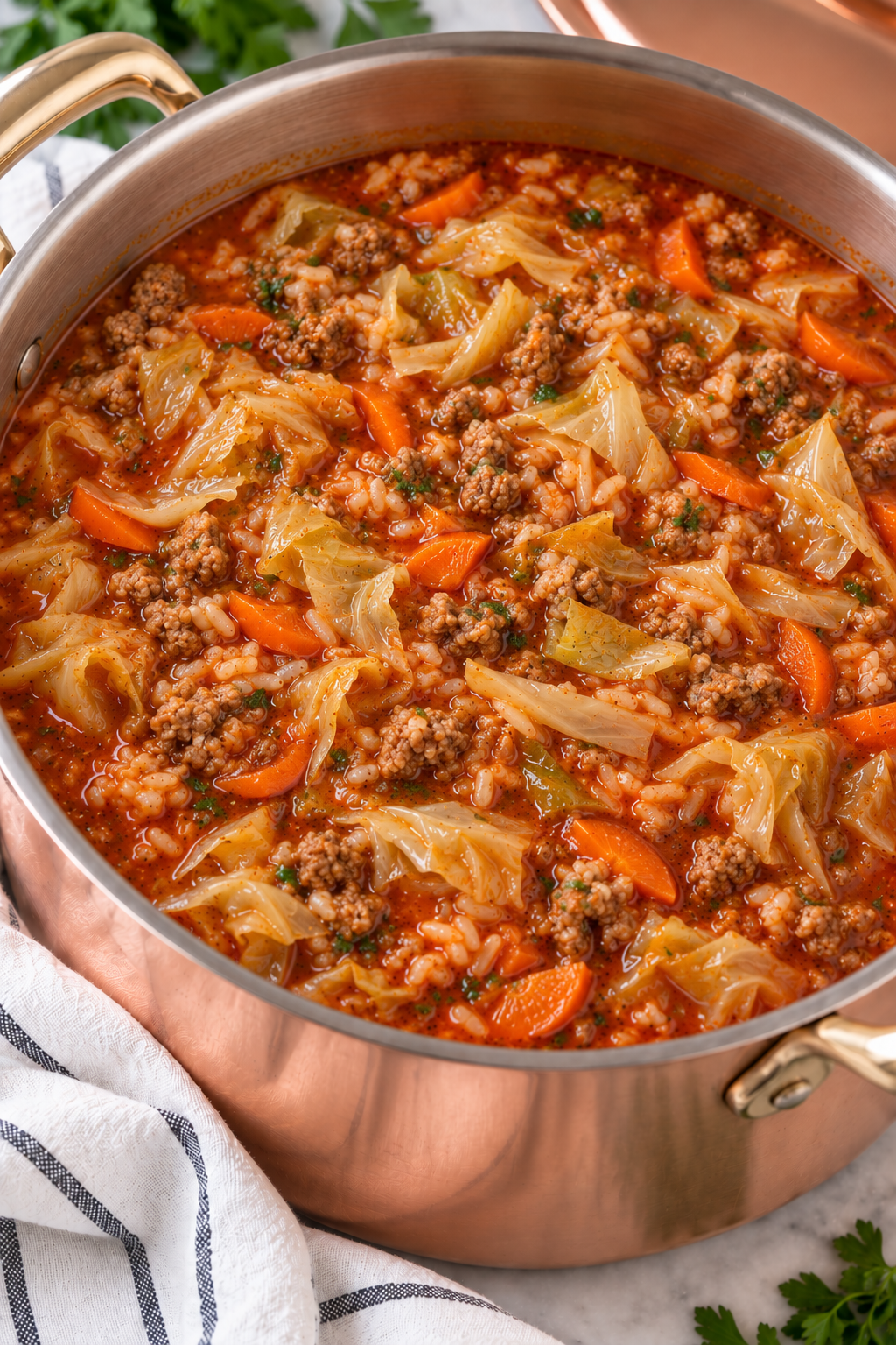 Close view of tender cabbage leaves, ground beef and pork, rice and carrots in tomato broth.