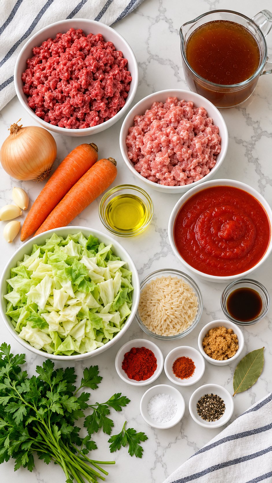 Ingredients for cabbage roll soup arranged in white bowls with beef broth and fresh vegetables.