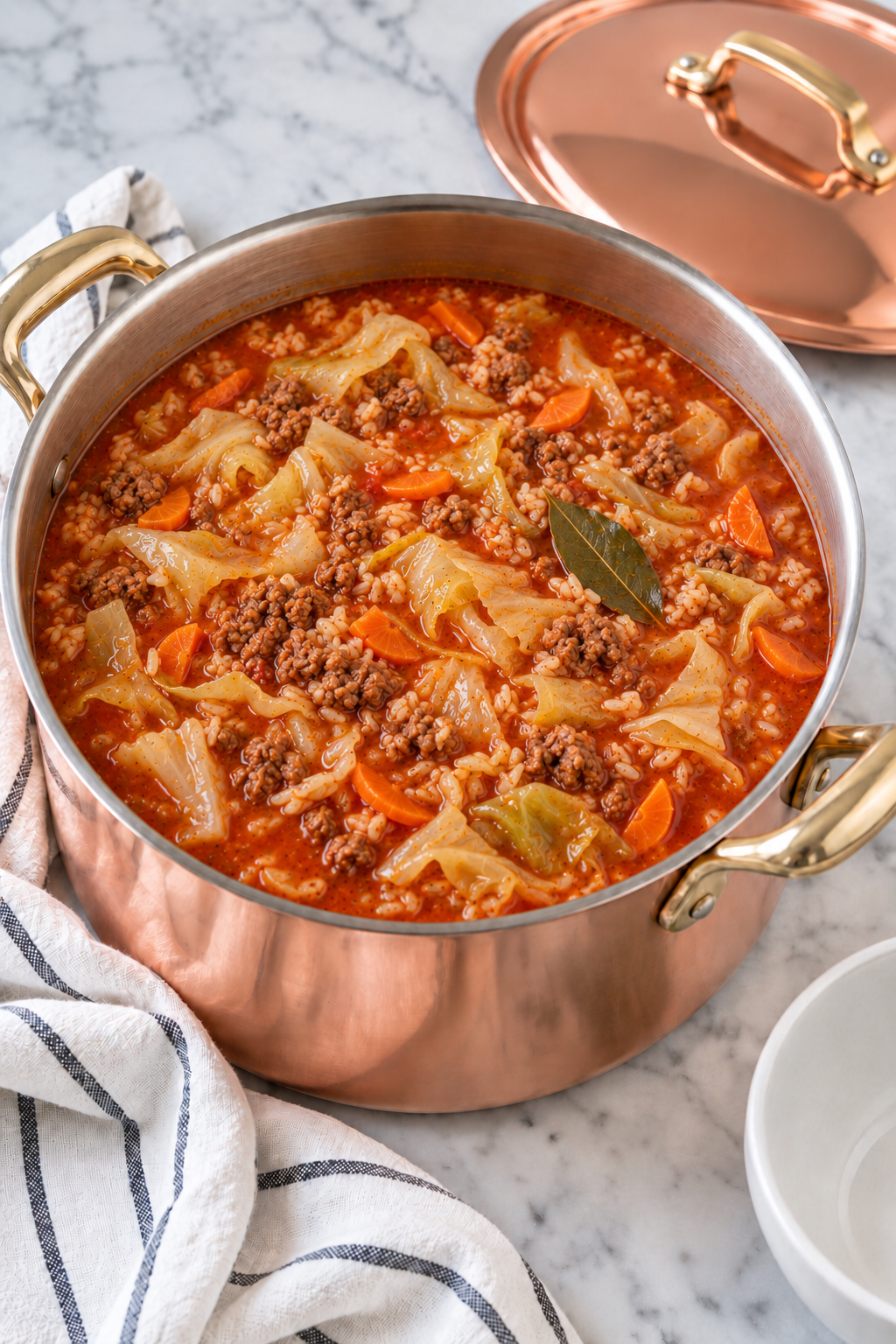 Cabbage roll soup with wilted cabbage leaves and a bay leaf in a Mauviel copper and brass pot.