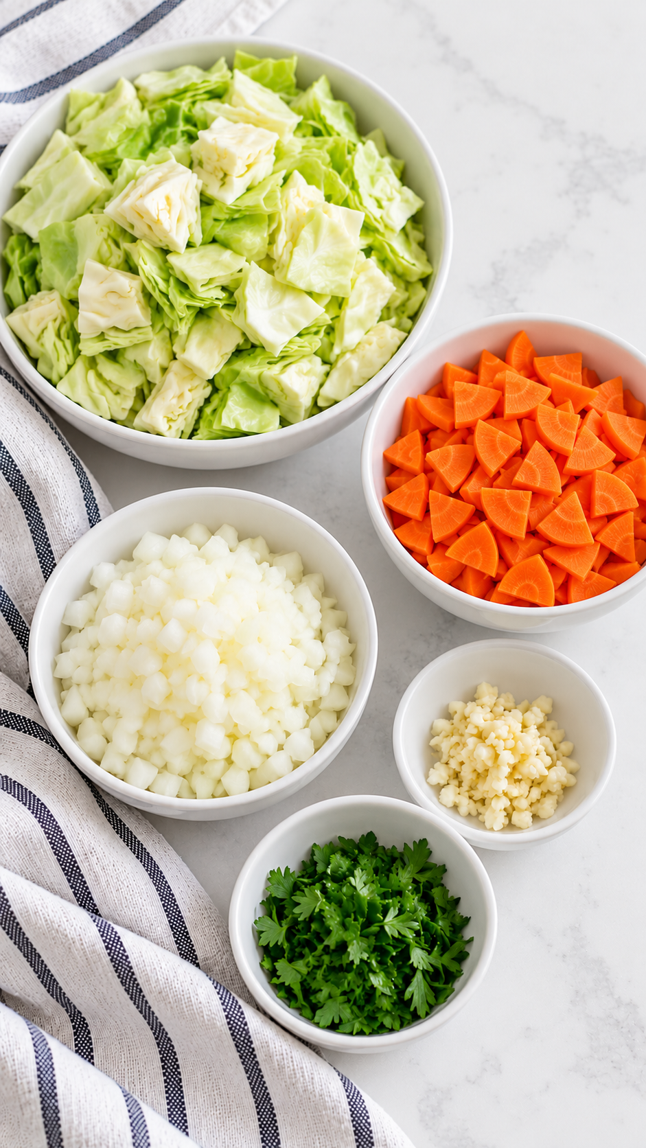 Prepared cabbage, onion, quarter-sliced carrots, garlic and parsley for cabbage roll soup.