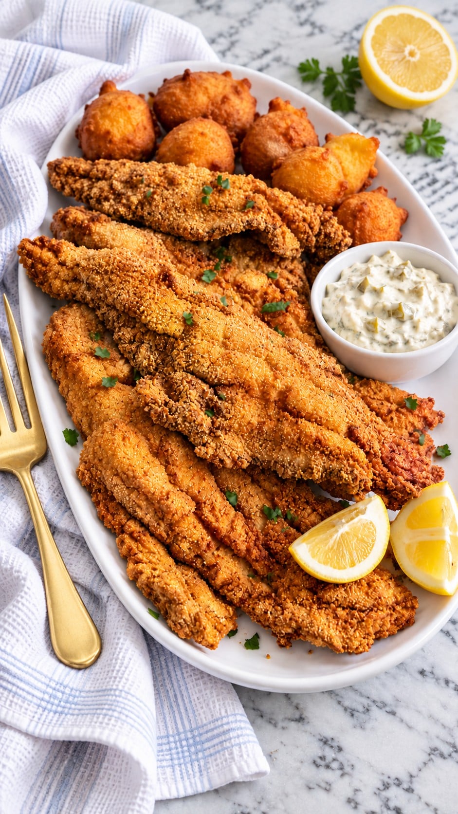 Cajun fried catfish on a white platter with chunky tartar sauce, lemon, a bunched blue-striped towel and gold serving fork