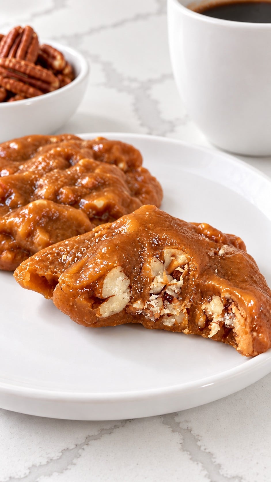 Bite removed from a chewy Texas pecan praline, revealing tender golden-amber caramel around toasted pecan pieces.