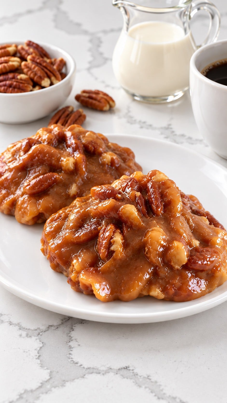 Finished chewy Texas pecan pralines served at room temperature with coffee.