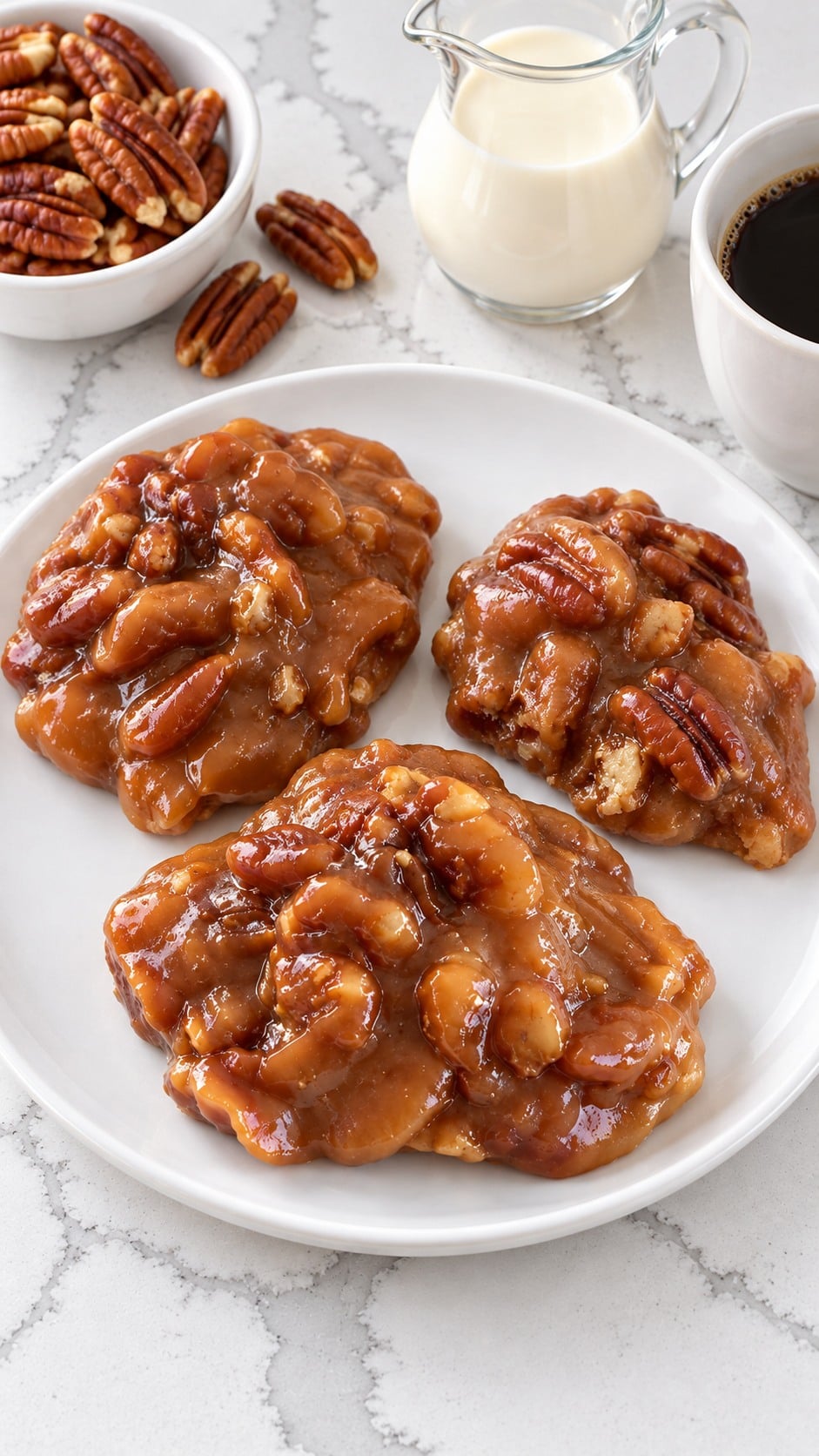 Overhead view of chewy caramel pecan pralines on a white plate with coffee and pecans.
