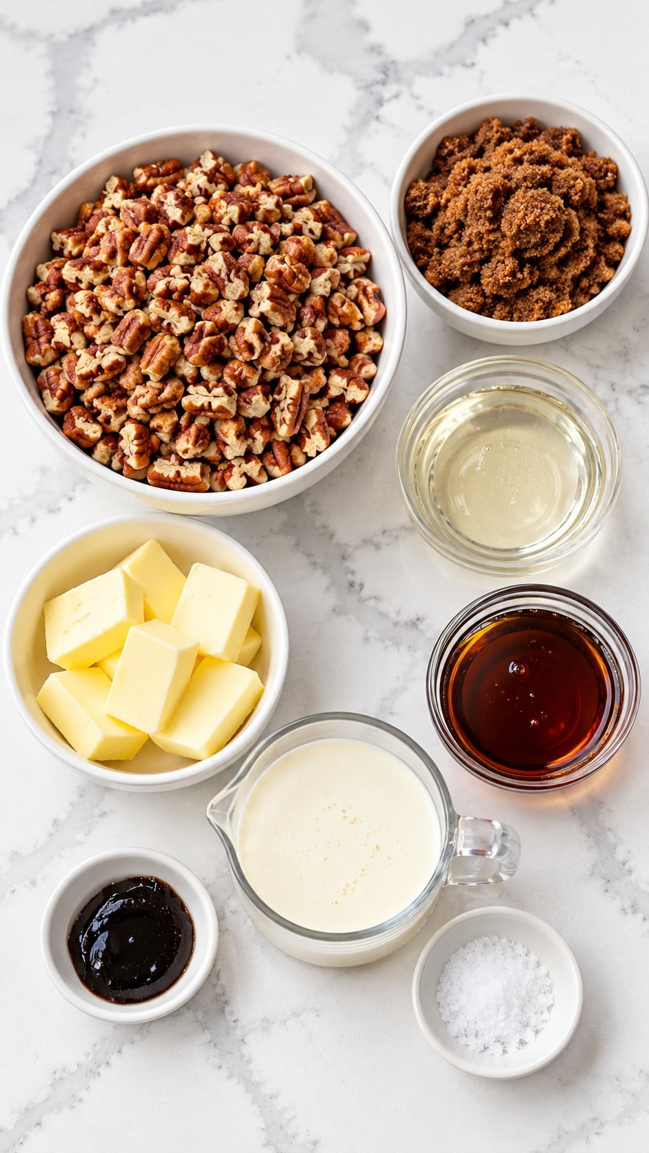 Pecan pieces, dark brown sugar, light and dark corn syrups, salted butter, heavy cream, vanilla bean paste, and kosher salt.