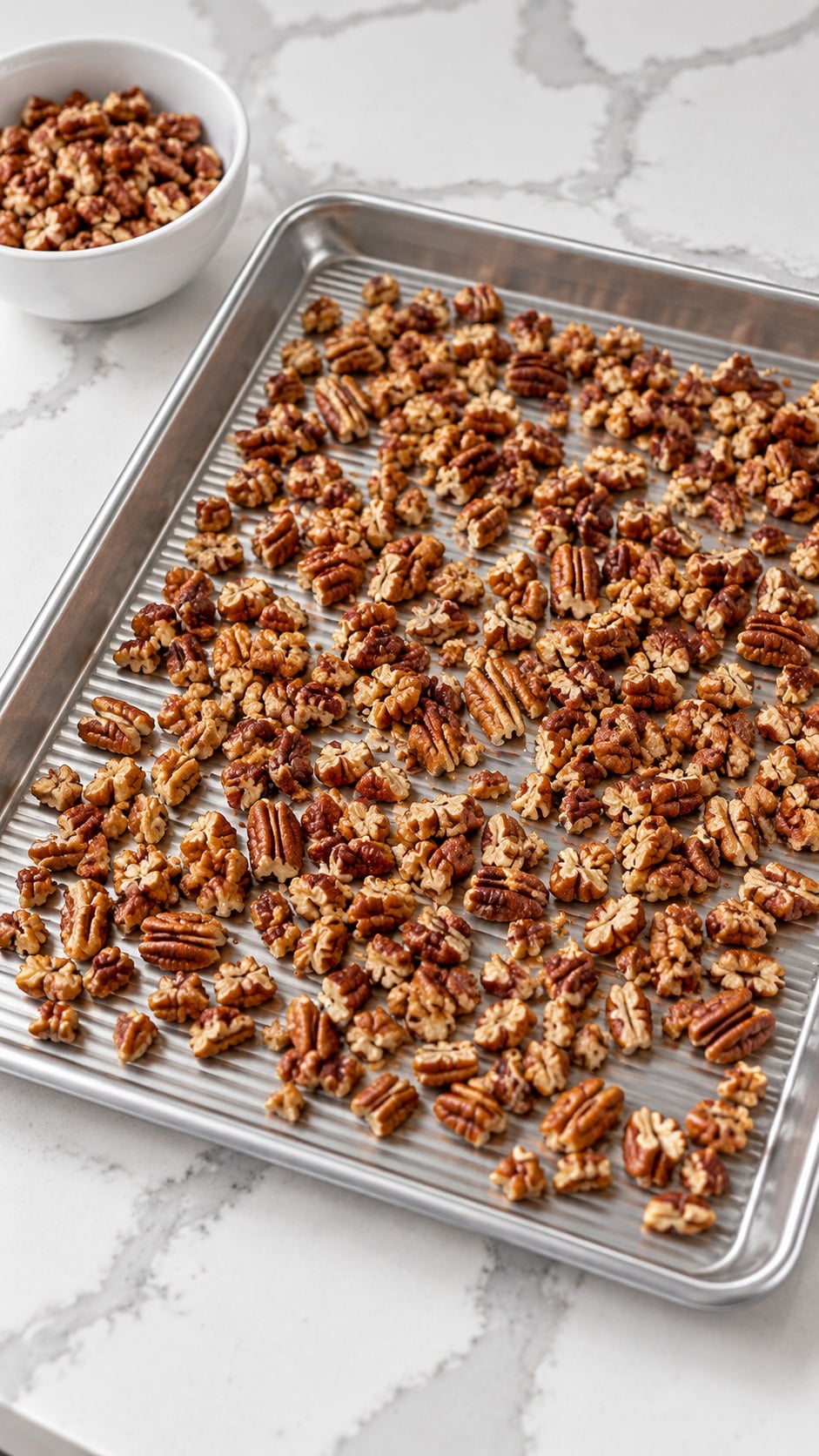 Toasted pecan pieces on a rimmed baking sheet before adding them to praline caramel.