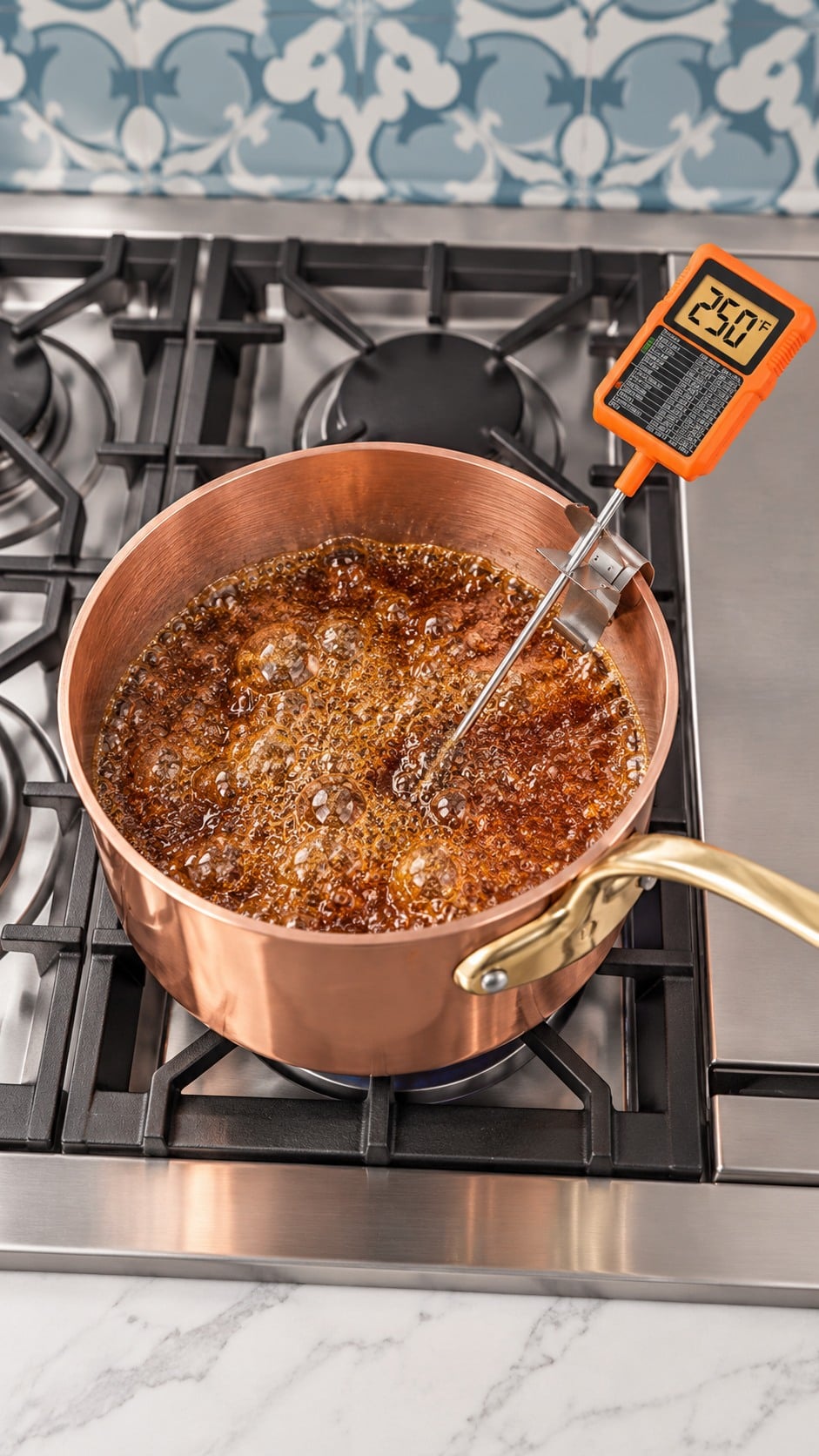 Brown sugar and corn syrups cooking to 250°F before butter and cream are added.
