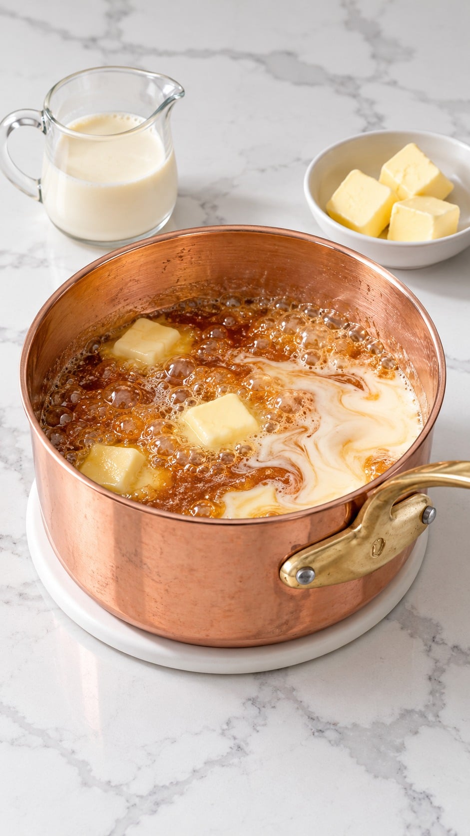Butter melting and cream mixing into hot sugar syrup in the saucepan off the heat.