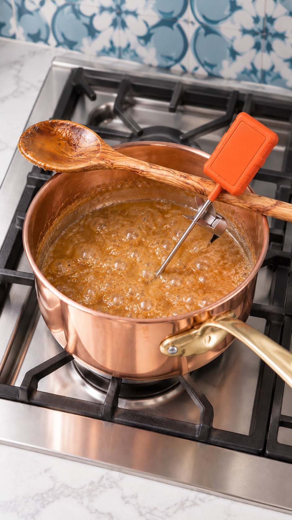 Caramel cooking to 242°F with a candy thermometer and heatproof spoon.