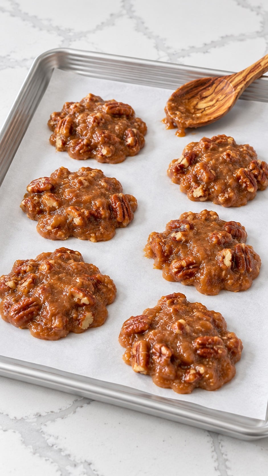 Hand-dropped chewy pecan pralines spaced apart on white parchment to set.