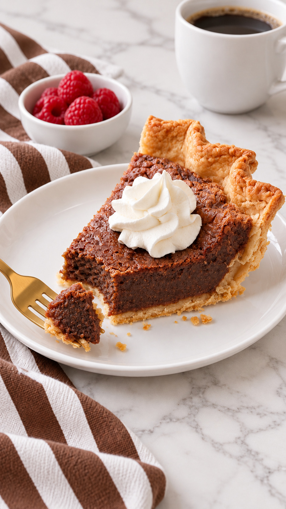 A bite of chilled chocolate chess pie on a gold fork beside the plated slice.