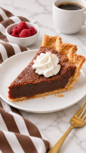 Chocolate chess pie slice with whipped cream on plain white ceramic, with raspberries and coffee.