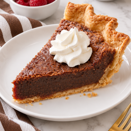 Chocolate chess pie slice with whipped cream on plain white ceramic, with raspberries and coffee.