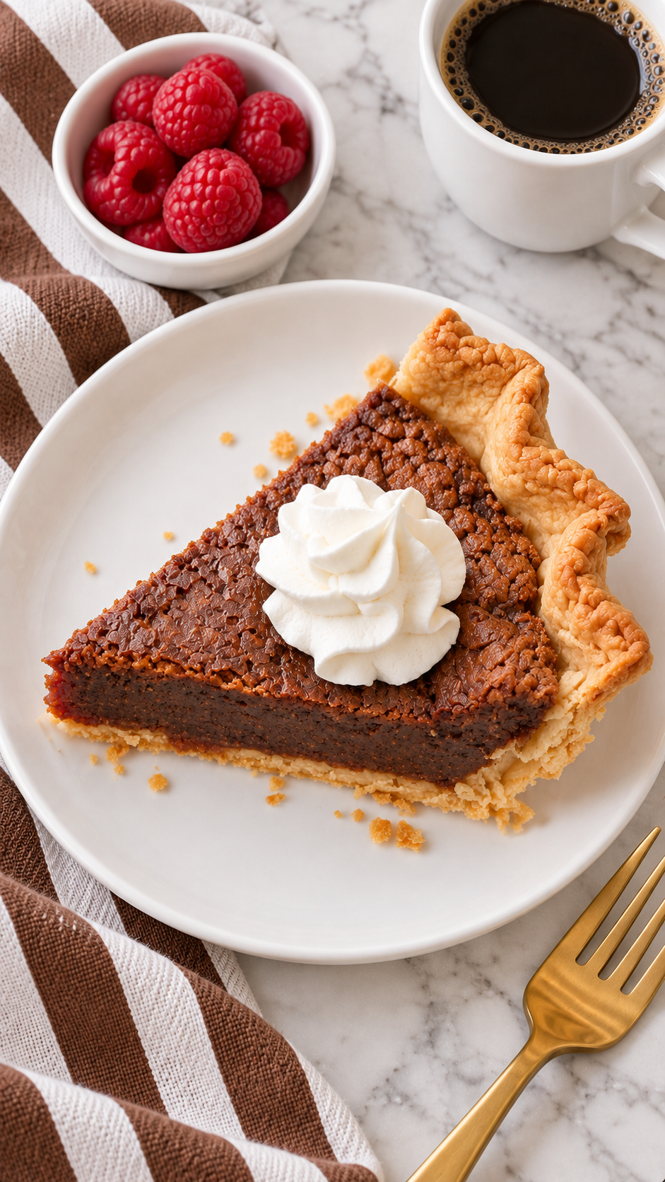Overhead view of chocolate chess pie with a whipped cream swirl.