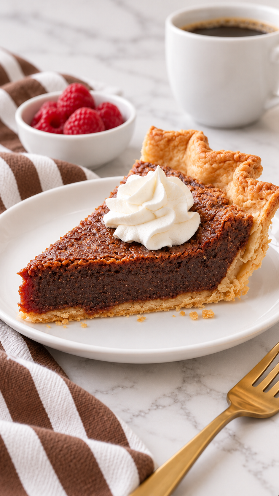 Close side view of fudgy chocolate chess pie filling and flaky pastry.