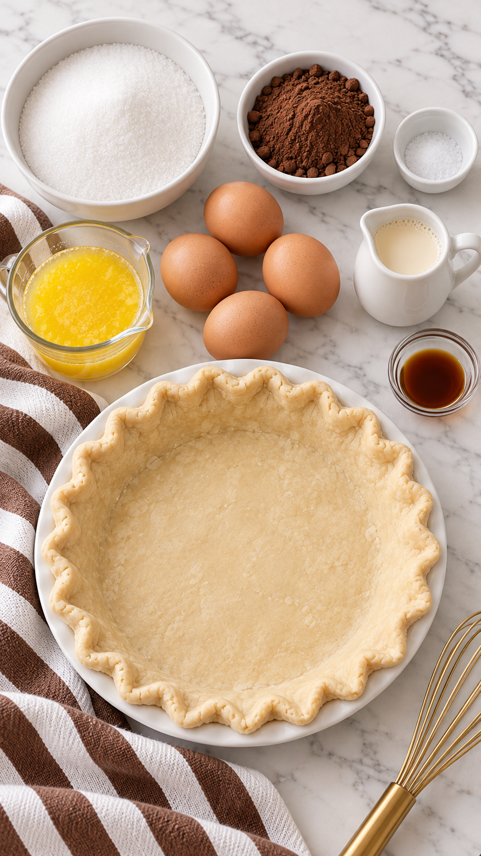 Pie crust, sugar, cocoa, kosher salt, four eggs, melted butter, evaporated milk, and vanilla.