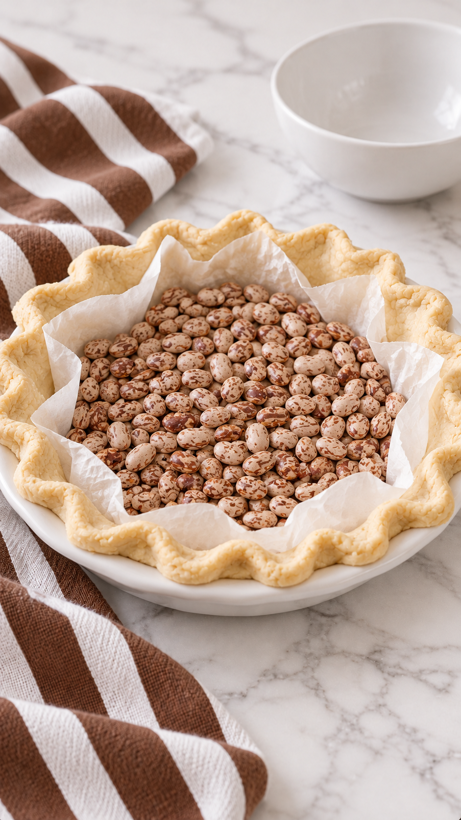 Unbaked pie crust lined with parchment and dried beans for blind baking.