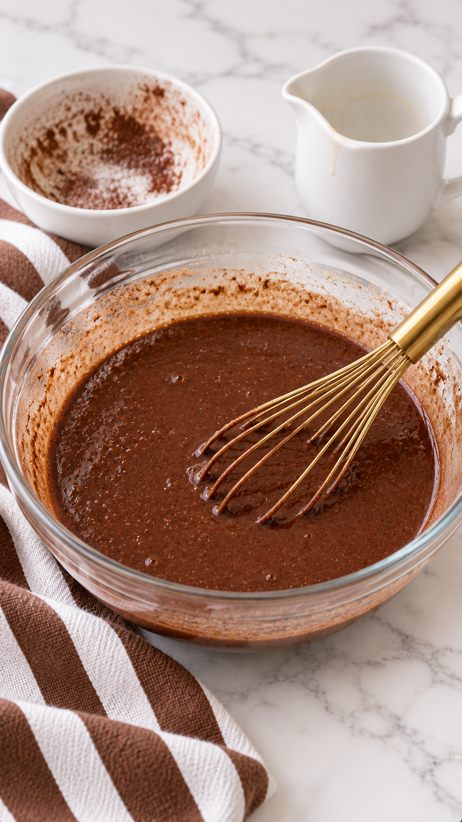 Chocolate chess pie filling in a glass mixing bowl with a whisk.