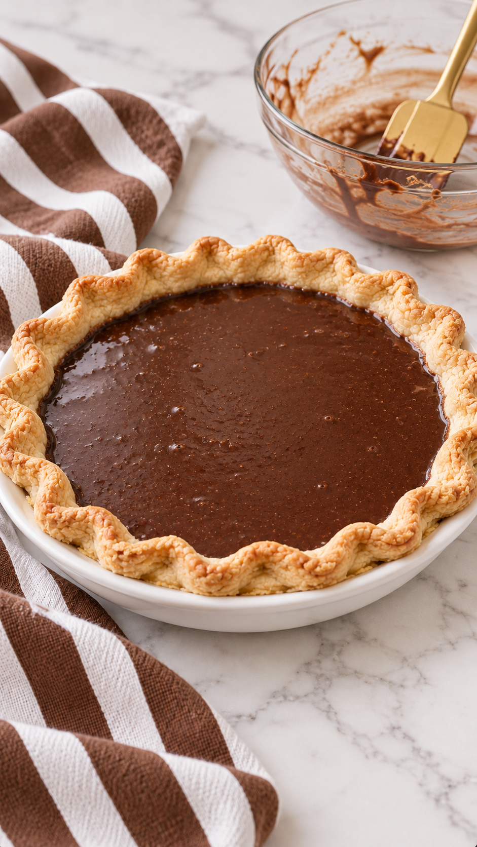 Chocolate filling in a partially baked pie crust before baking.
