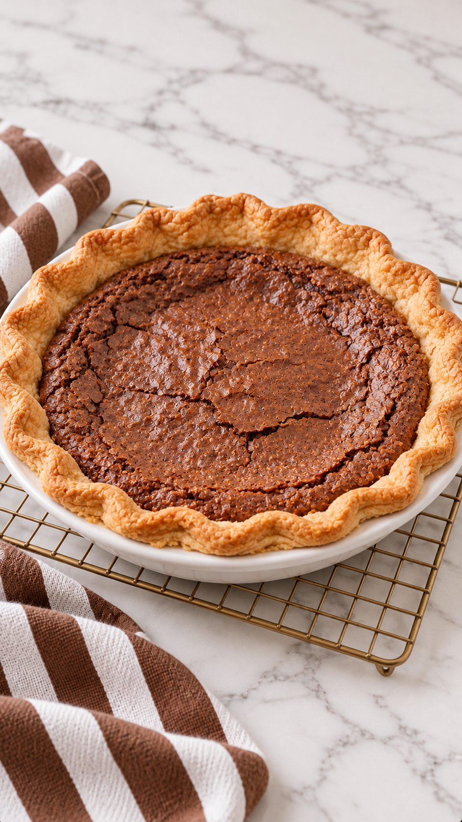 Baked chocolate chess pie cooling on a wire rack.