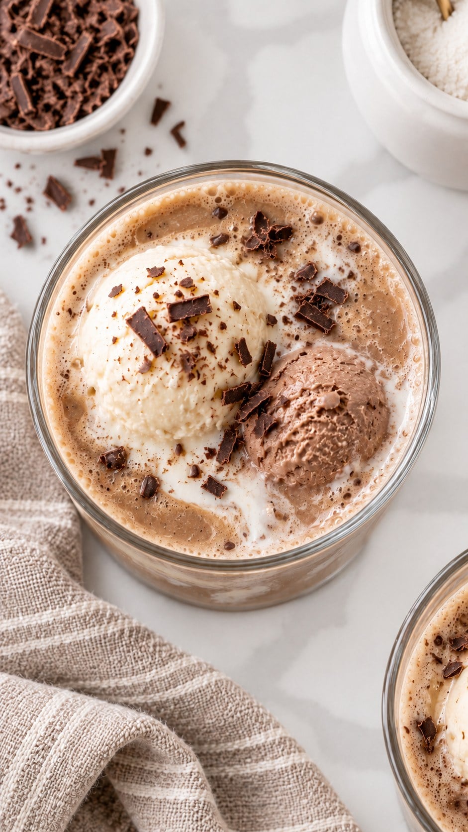 Overhead view of creamy coffee punch with vanilla and chocolate ice cream