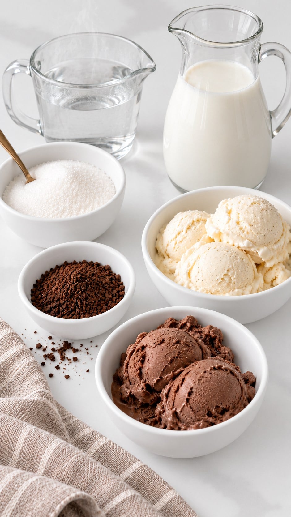 Instant coffee, sugar, milk, water, vanilla ice cream, and chocolate ice cream for coffee punch