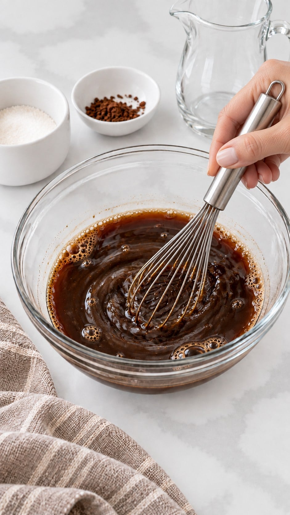 Whisking instant coffee and sugar into boiling water in a heatproof bowl