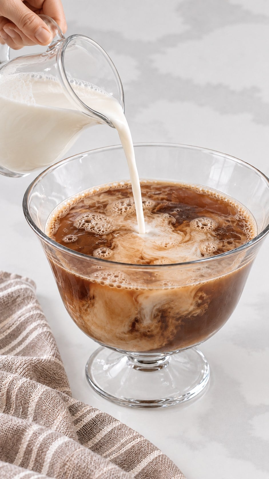 Pouring cold milk into coffee concentrate in a footed glass punch bowl
