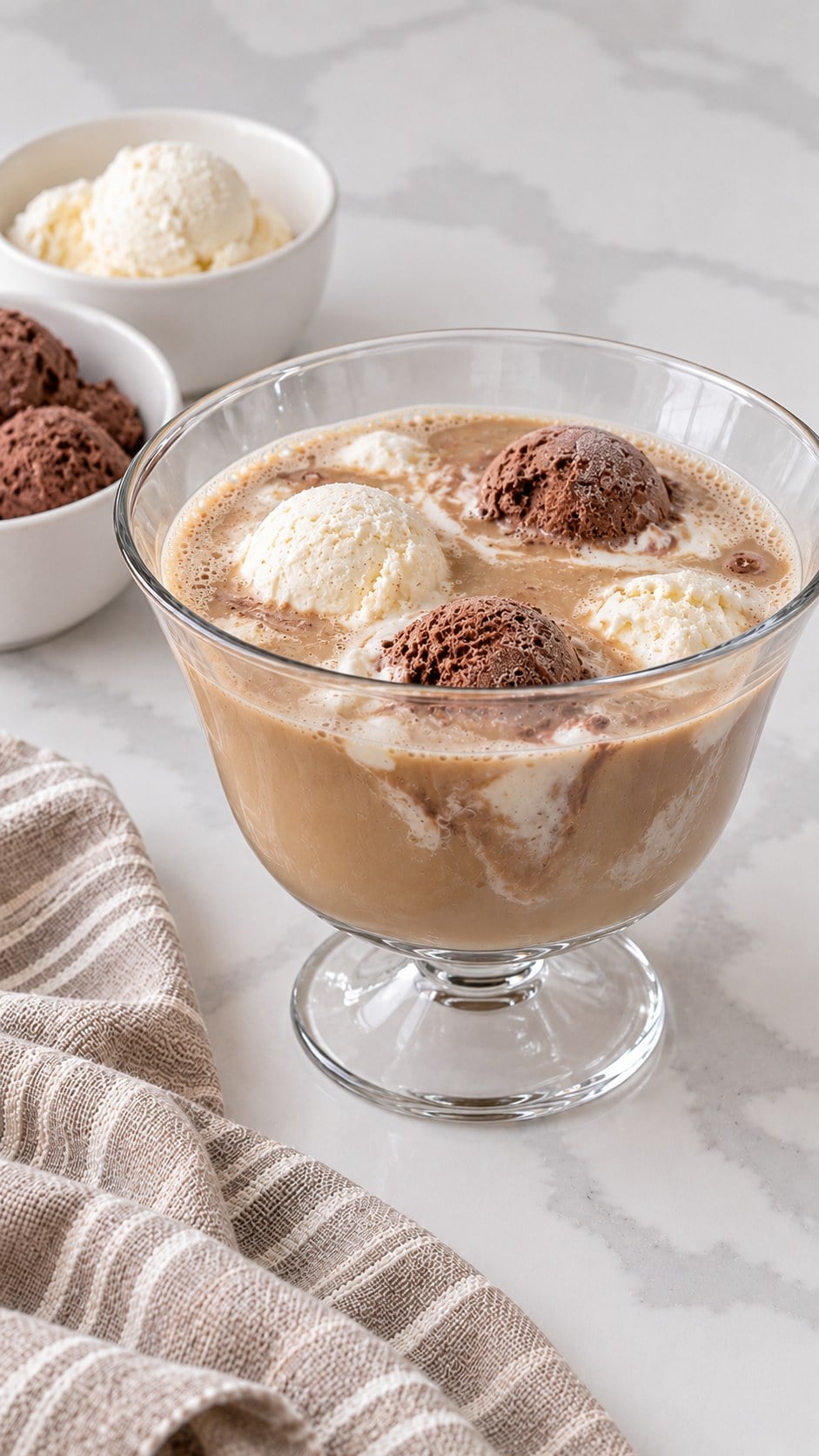 Vanilla and chocolate ice cream scoops floating in coffee punch