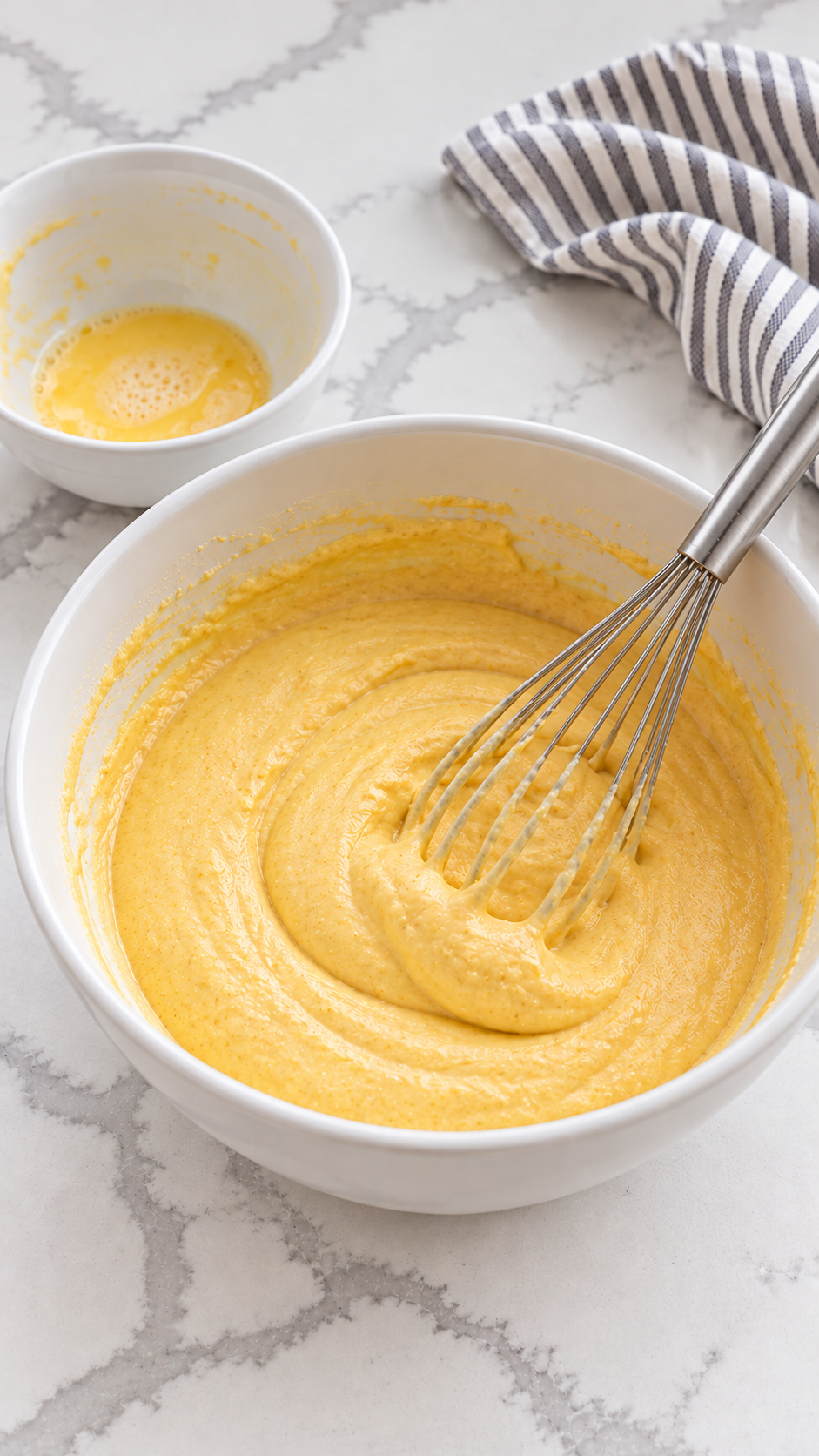 Thick honey cornmeal batter in a white mixing bowl.