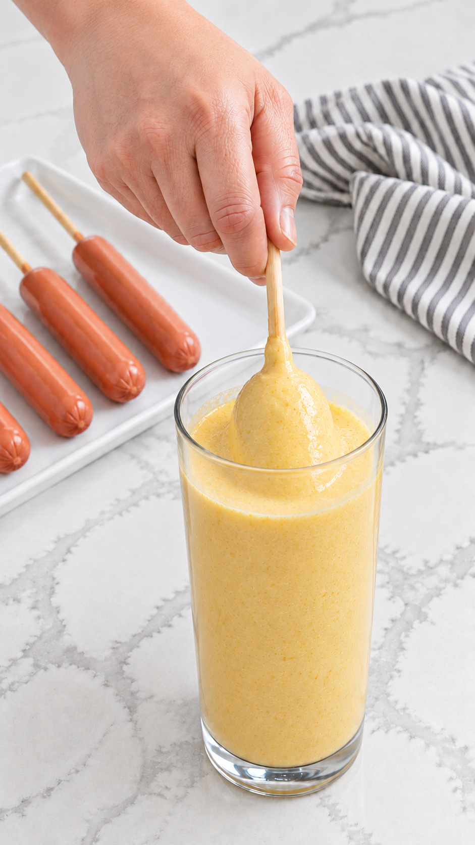 Skewered corn dog partially submerged in batter inside a tall drinking glass.
