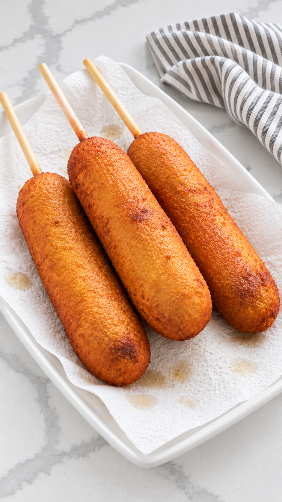 Golden fried corn dogs draining on paper towels.