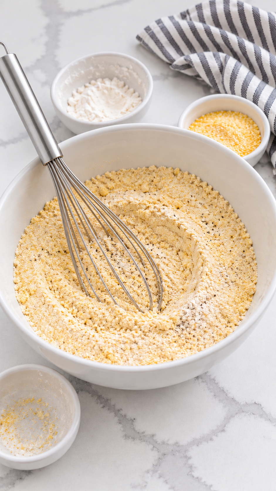 Cornmeal, flour, baking powder, sugar, salt, and pepper mixed with a stainless steel whisk.