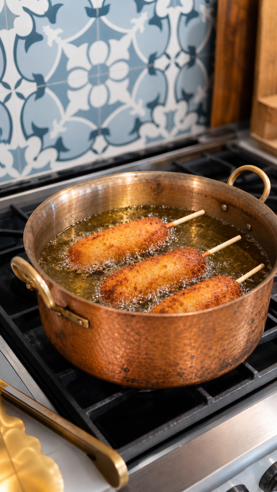 Three corn dogs frying in oil in a heavy pot.