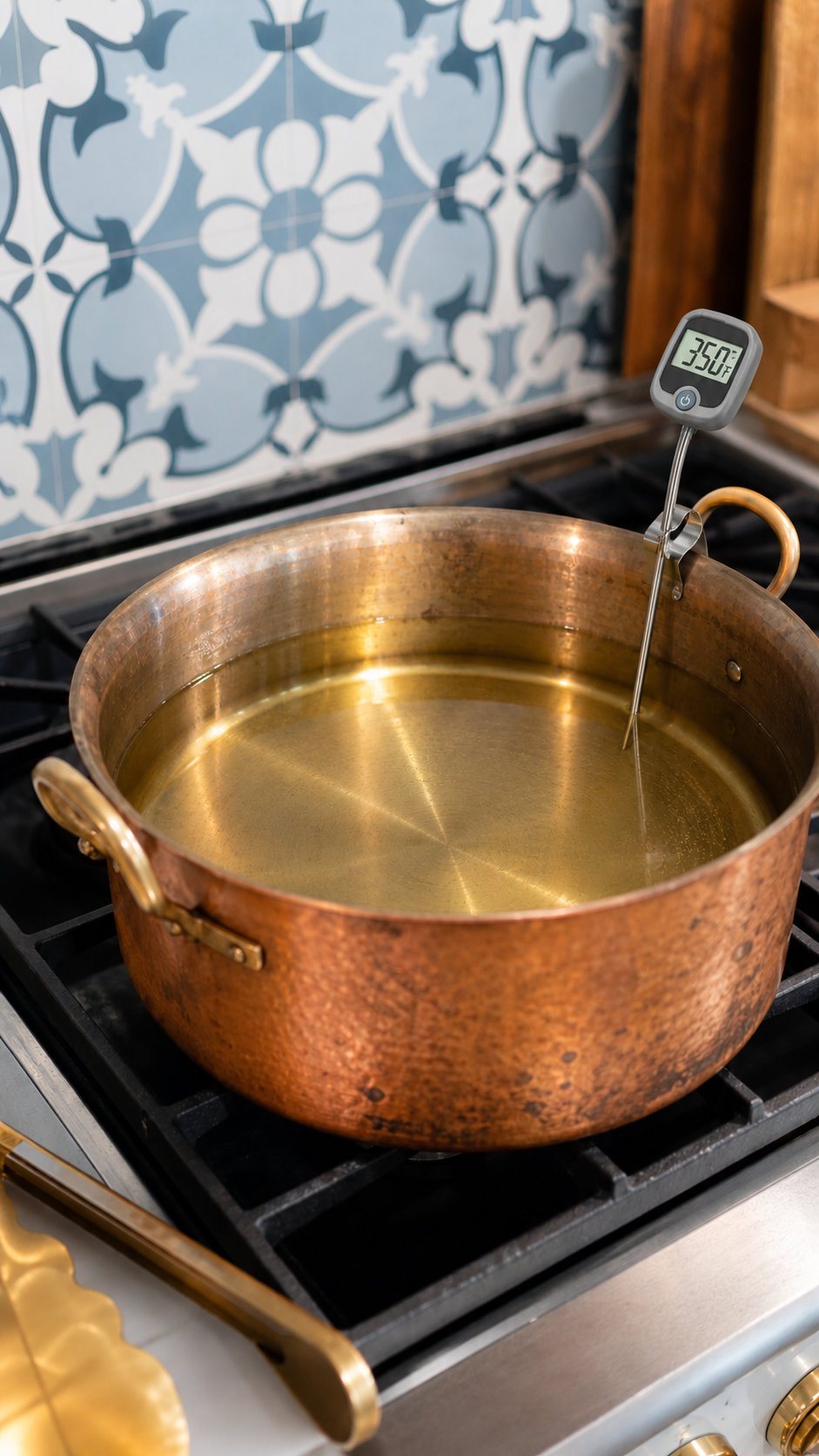 Frying oil heating to 350°F in a heavy pot.
