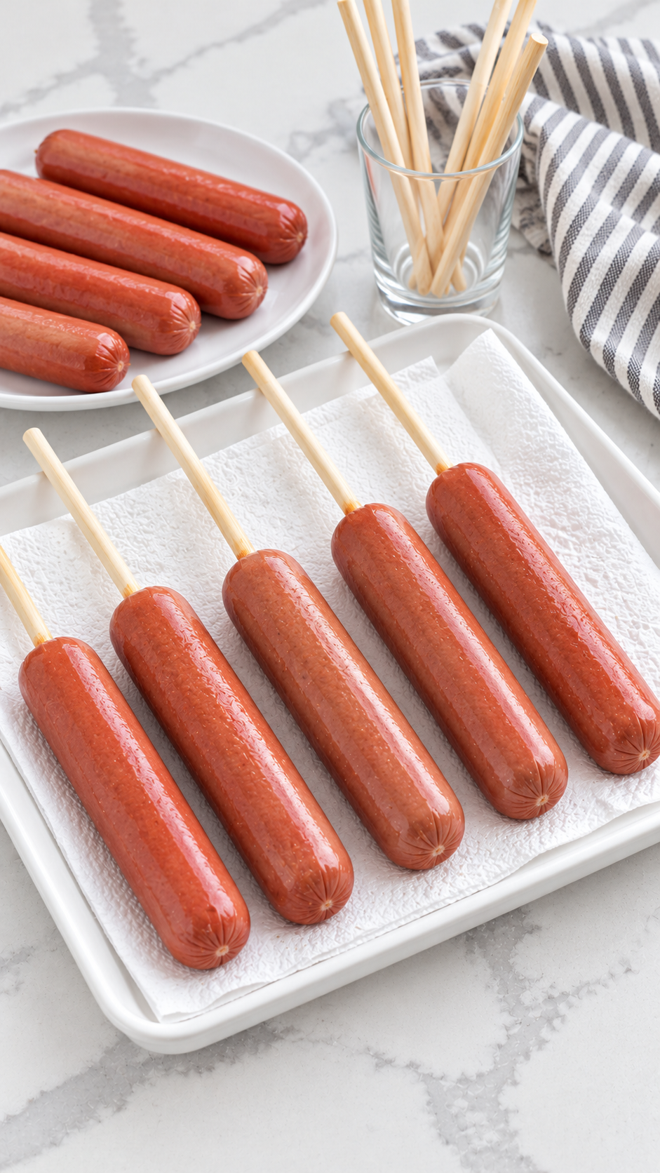 Skewered hot dogs drying on paper towels before dipping.