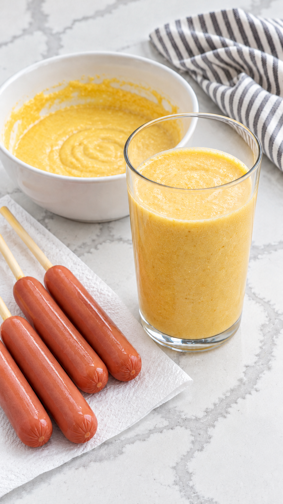 Tall drinking glass filled with corn dog batter beside prepared hot dogs.
