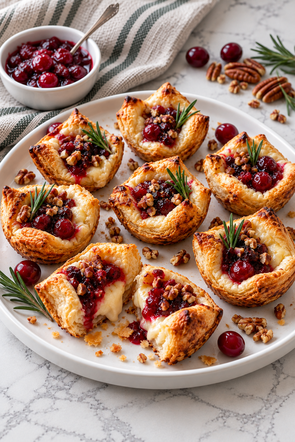 Finished cranberry Brie bites with puff pastry, pecans, and fresh rosemary.