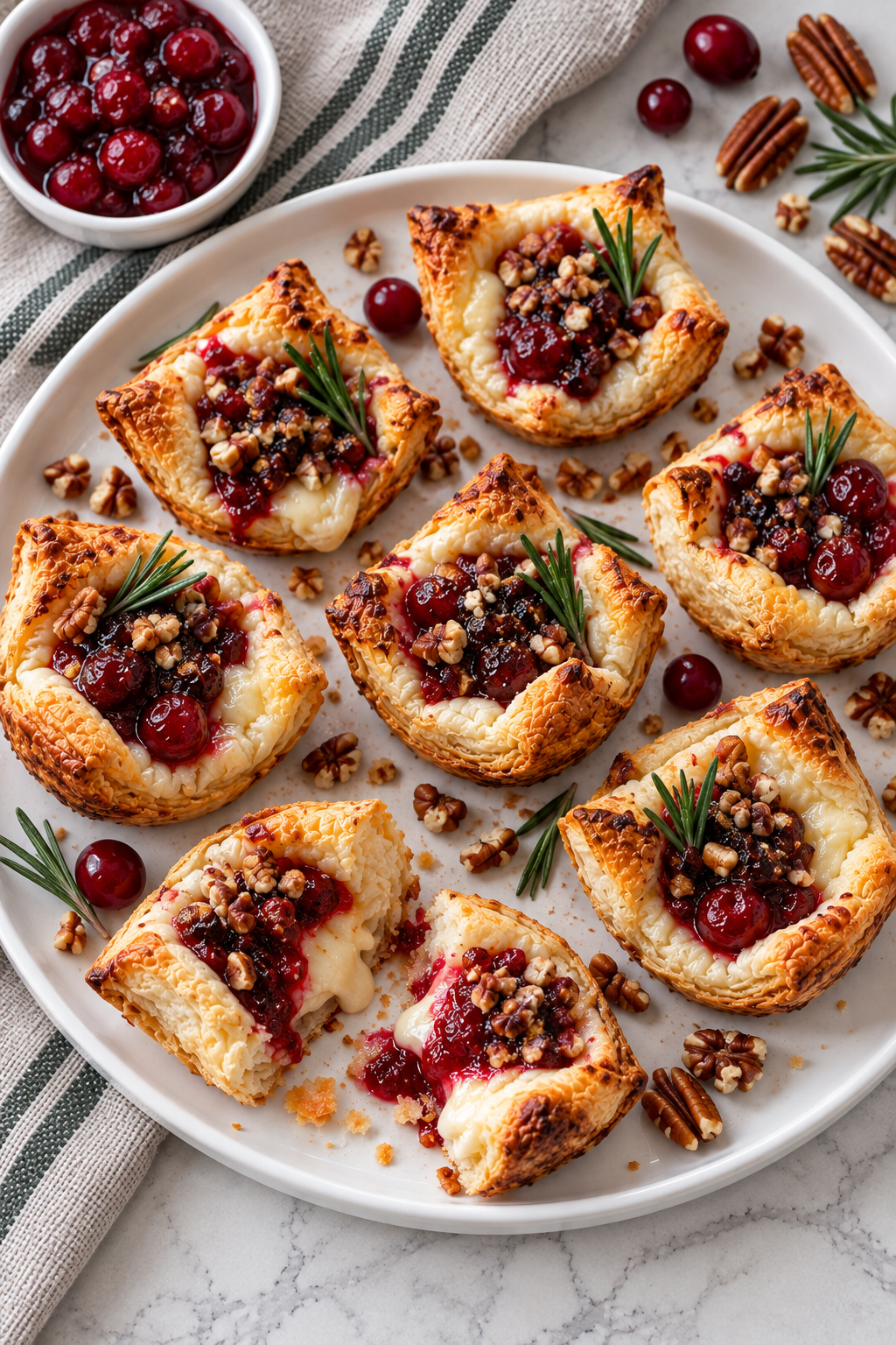 Overhead view of cranberry Brie puff pastry bites with irregular golden edges.