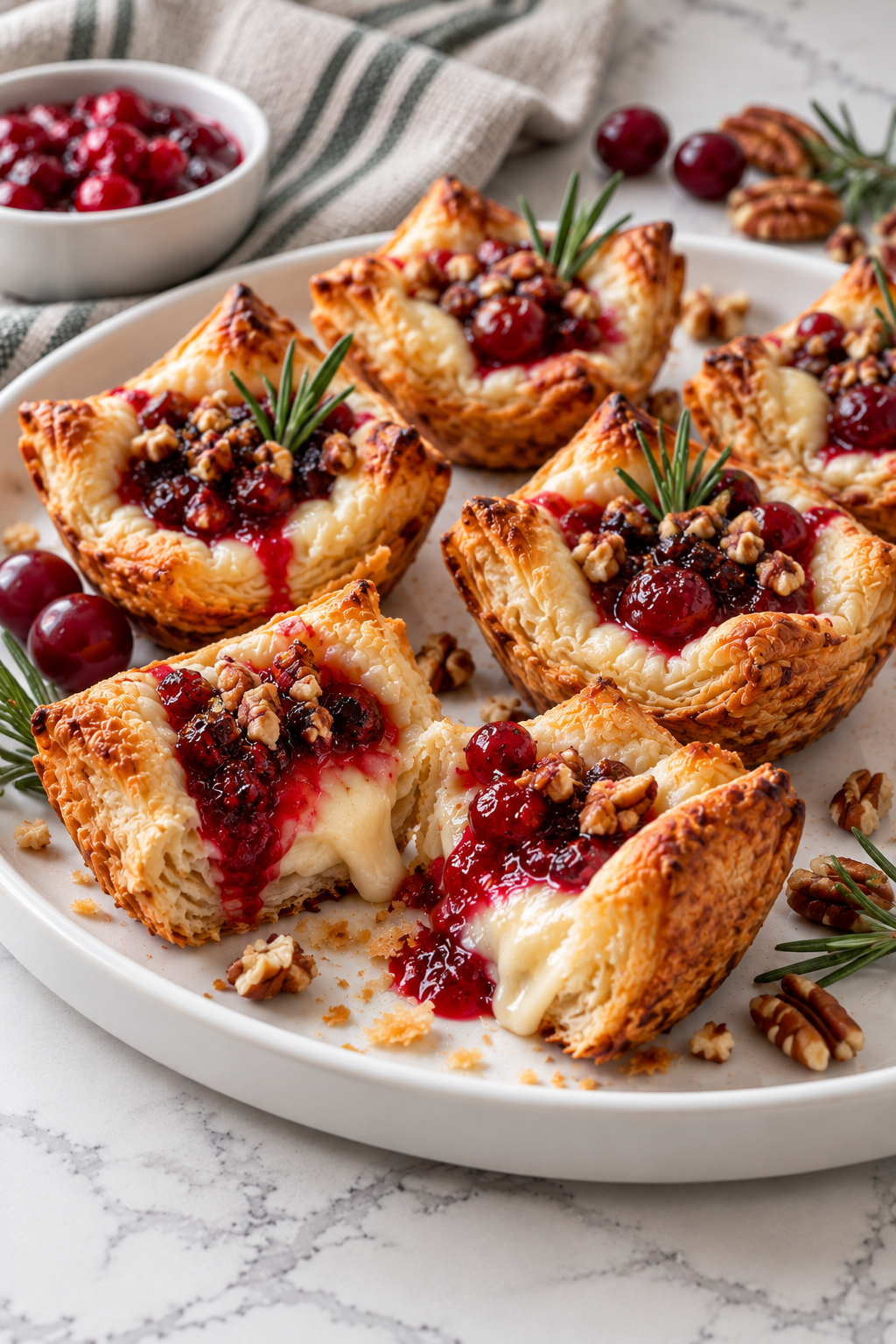 Close view of flaky pastry layers and cranberry Brie filling.