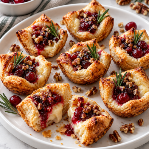 Cranberry Brie Bites with golden puff pastry, cranberry sauce, pecans, and rosemary on a white platter.