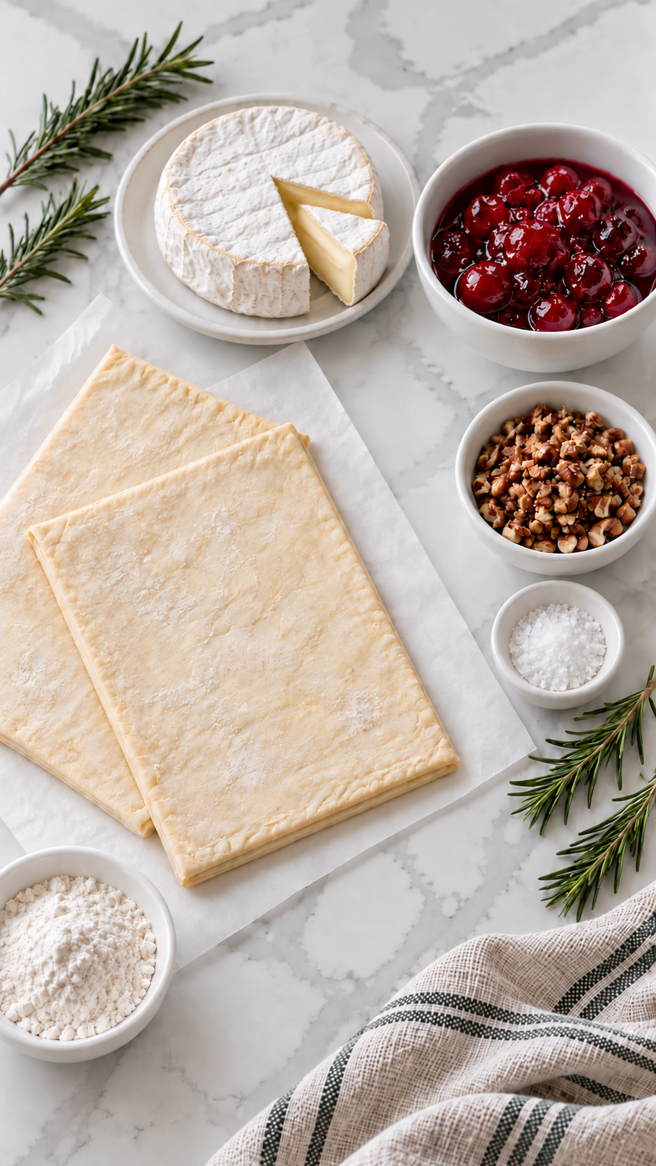 Two puff pastry sheets, Brie with a wedge showing its creamy interior, cranberry sauce, pecans, flaky salt, rosemary and flour; cooking spray is not pictured.