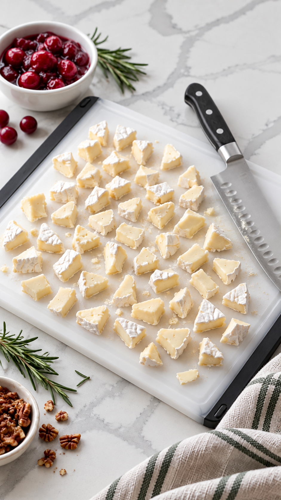 Brie with its rind left on cut into small pieces on a cutting board.