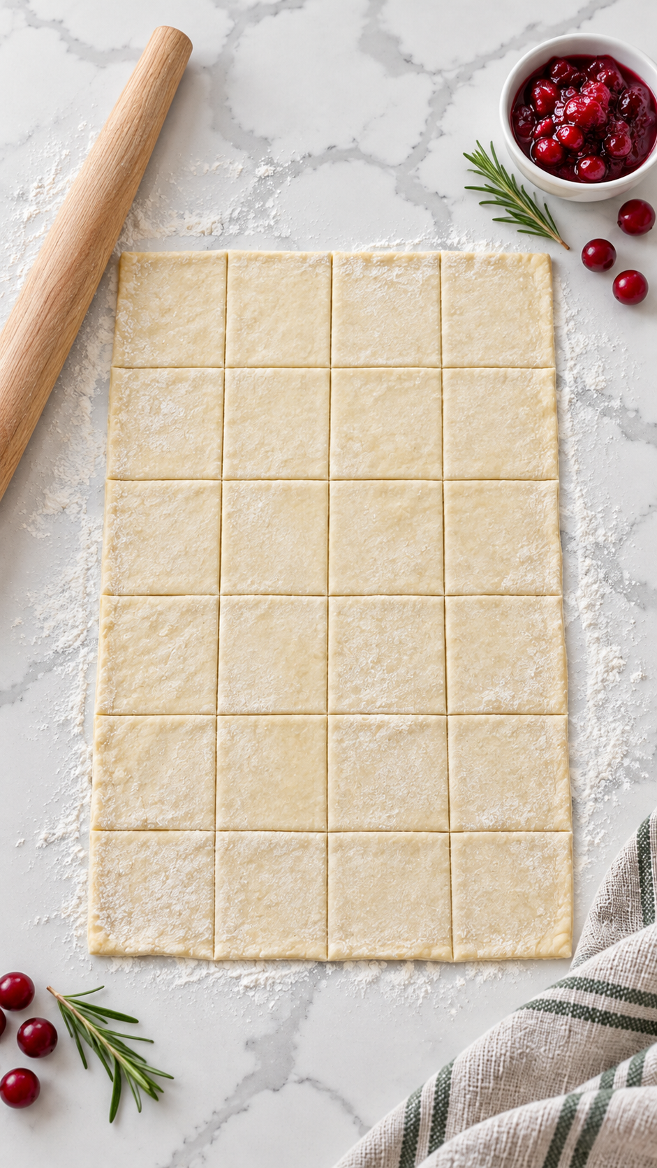 Puff pastry cut into four columns and six rows to make 24 rectangles.