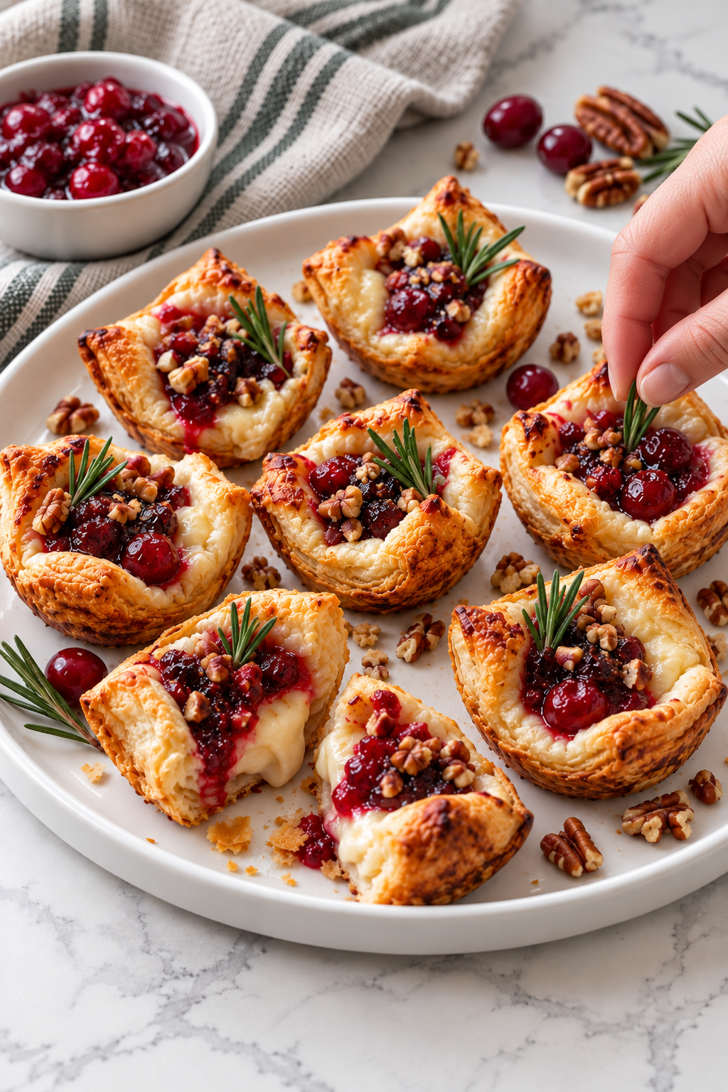 A hand adding a small rosemary garnish to a baked cranberry Brie bite.