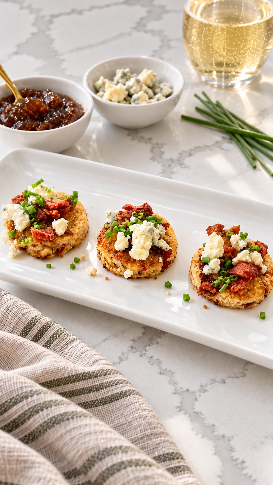 Warm cranberry crostini with fig jam, bacon, blue cheese, and chives ready to serve.